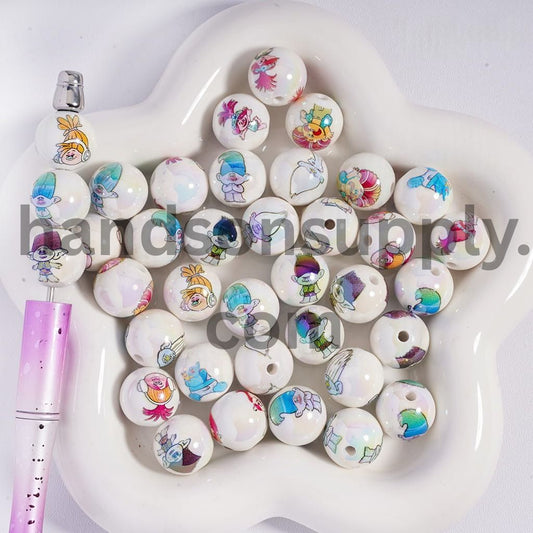 UV‑Coated Magic Hair Elf Print on Round Acrylic Beads 16mm Random Mix
