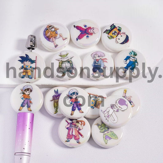 UV Coated Kung Fu Animation Print on White Flat Round Acrylic Beads 23MM Random Mix