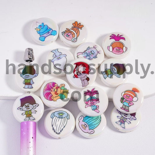 UV Coated Magic Hair Elf Print on White Flat Round Acrylic Beads 23MM Random Mix