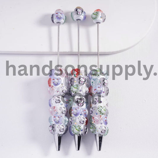 Leopard Heart with Cute Cat Character Pattern & AB Rhinestone Beadable Clay Pens
