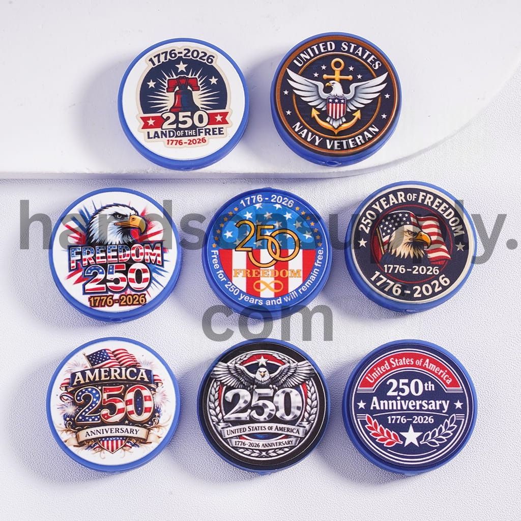 USA 250th Anniversary Commemorative Series, Flat Round Silicone Focal Beads Random Mix
