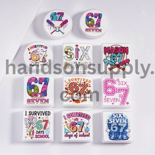 Flat Round Shape Silicone Focal Beads With Text I SURVIVED "SIX SEVEN" DAYS OF SCHOOL School Life Theme Random Mix