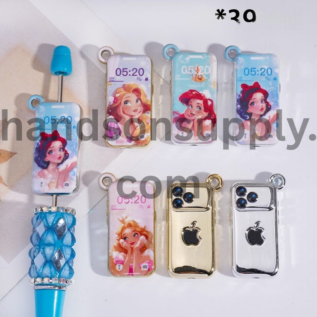 Phone Series Acrylic Beads Charm Pendants with Pretty Princess Patterns, 18*39MM Gold & Silver Random Mix