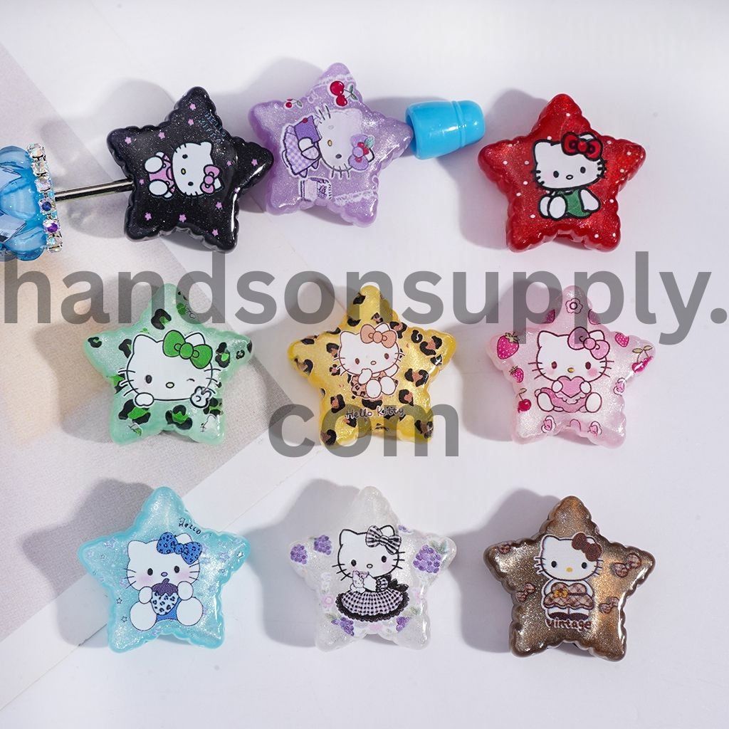 Cute Cat Character Prints, Cat Eye Style Five‑Pointed Star Beads with Acrylic Beads 22*22MM Random Mix