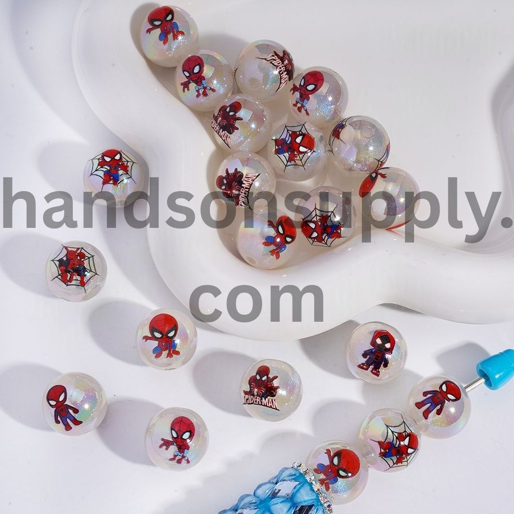 UV‑Coated Web Hero Characters & Glitter Acrylic Bracelet Beads 16MM Random Mix