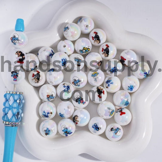 UV Coated Cute Blue Elf Themed Print Round Acrylic Beads 16mm Random Mix