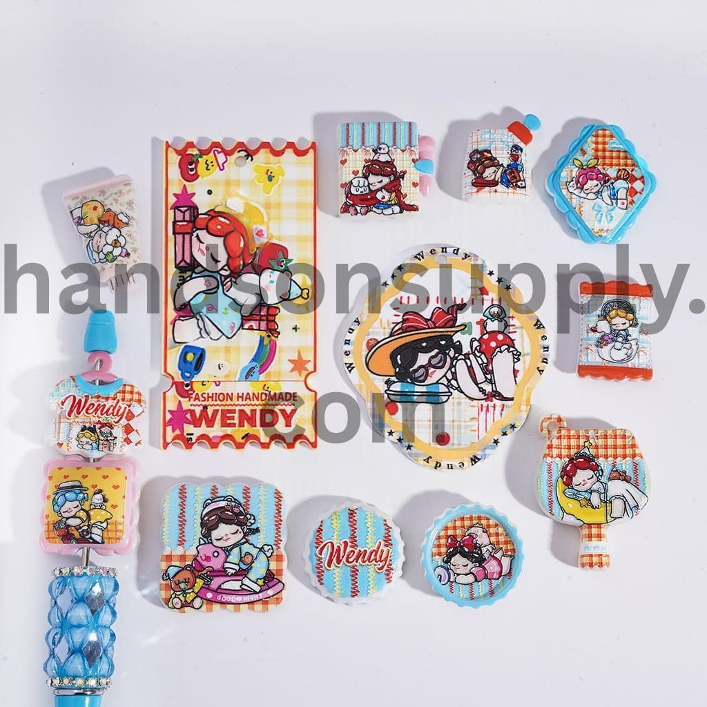 Cute Sleepy Girl Print Different Style Acrylic Beads Pendant Random Mix