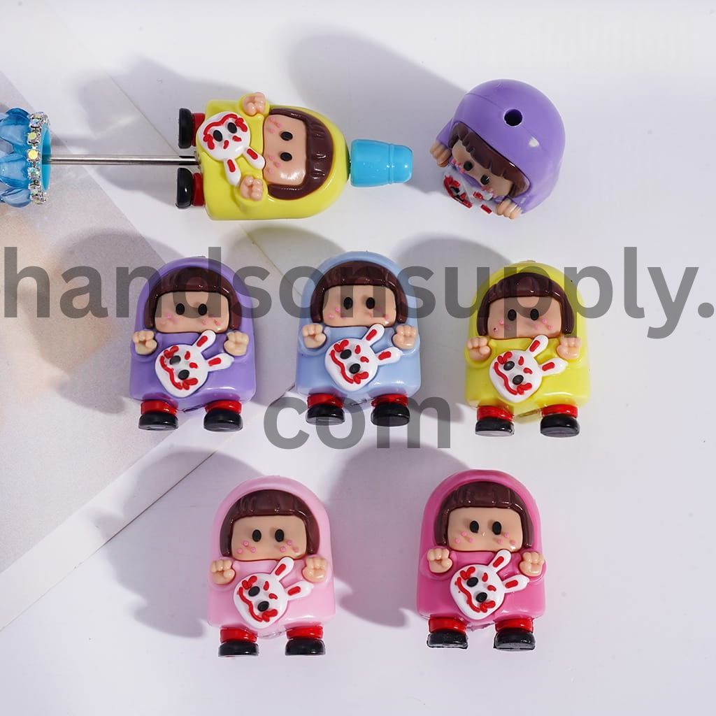 Cute Girl with Freckles Holding Bunny Mask, Soft PVC Rubber Beads Height 28MM