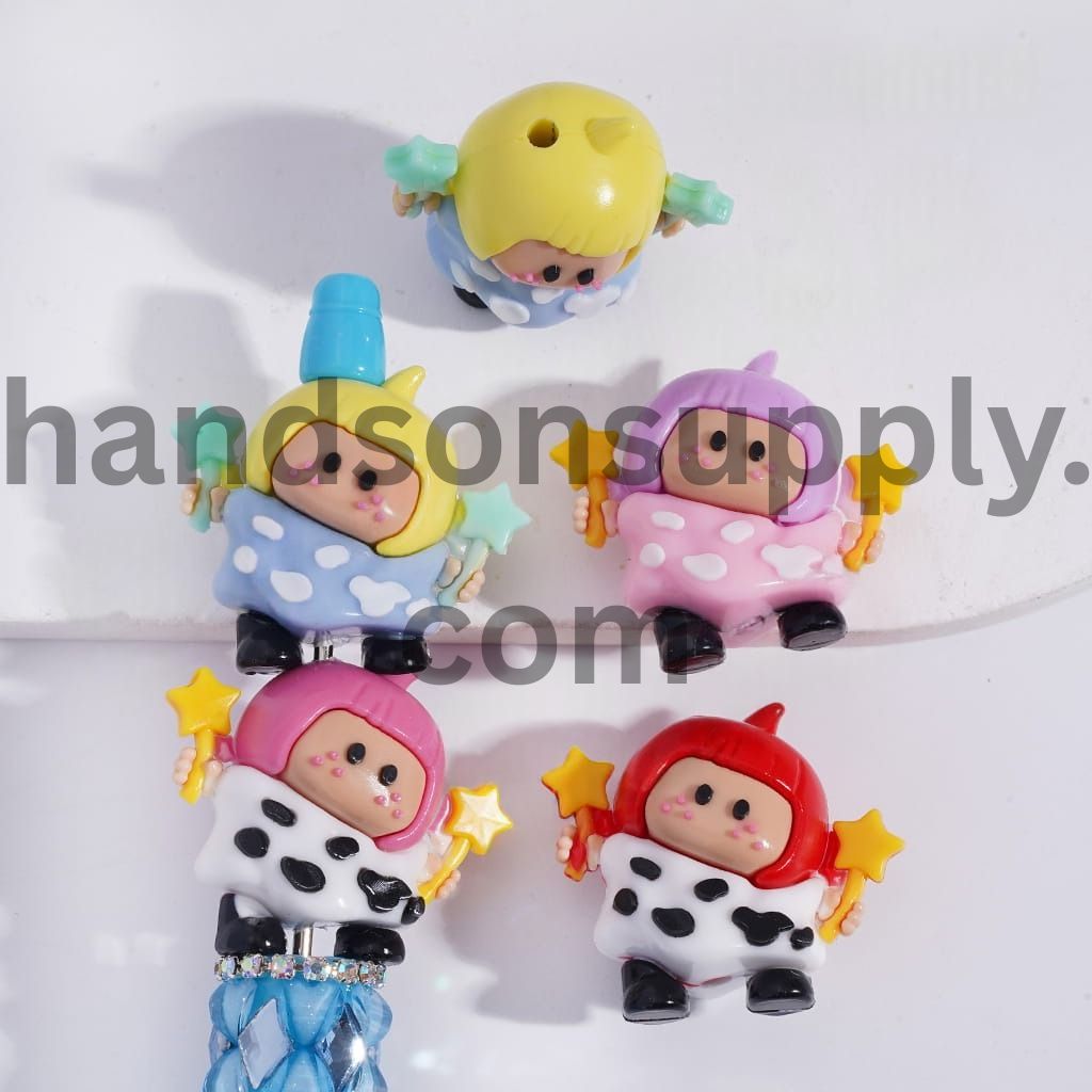 Cute Girl with Freckles Holding Star Magic Wand Soft PVC Rubber Beads Height 29MM, Random Mix