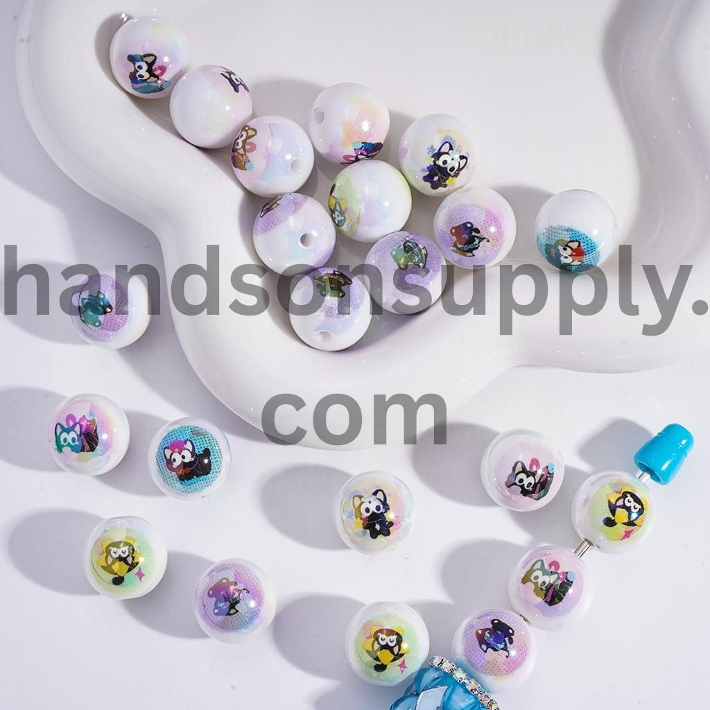 UV Coating with Chocolate Cat Round Prints Series, Acrylic Beads for Bracelets 16MM, Random Mix