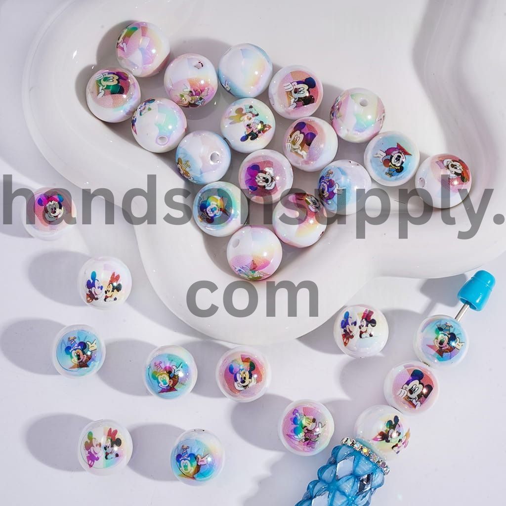 UV Coating with Girl and Boy Mouse Character Series Round Print Acrylic Beads for Bracelets 16MM, Random Mix