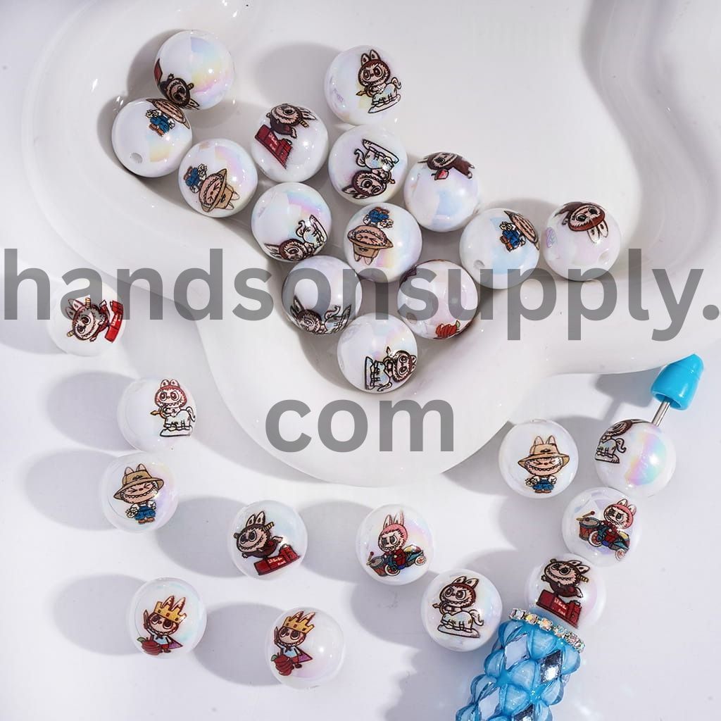 UV Coating with Monster Doll Prints Series, Round Print Acrylic Beads for Bracelets 16MM, Random Mix