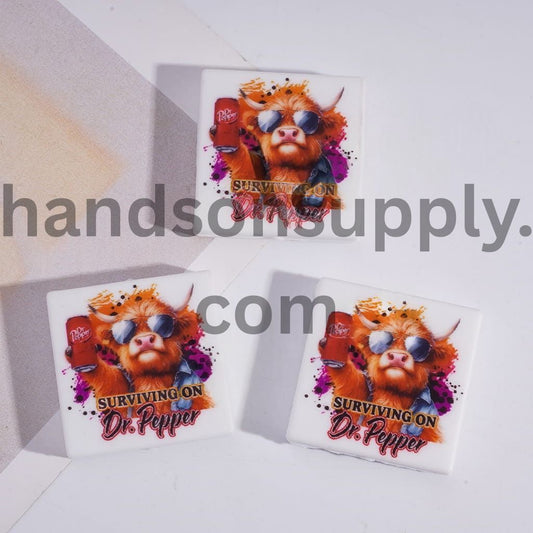 Cool Highland Cow with Sunglasses & Soda Drink Flat Square Silicone Focal Bead
