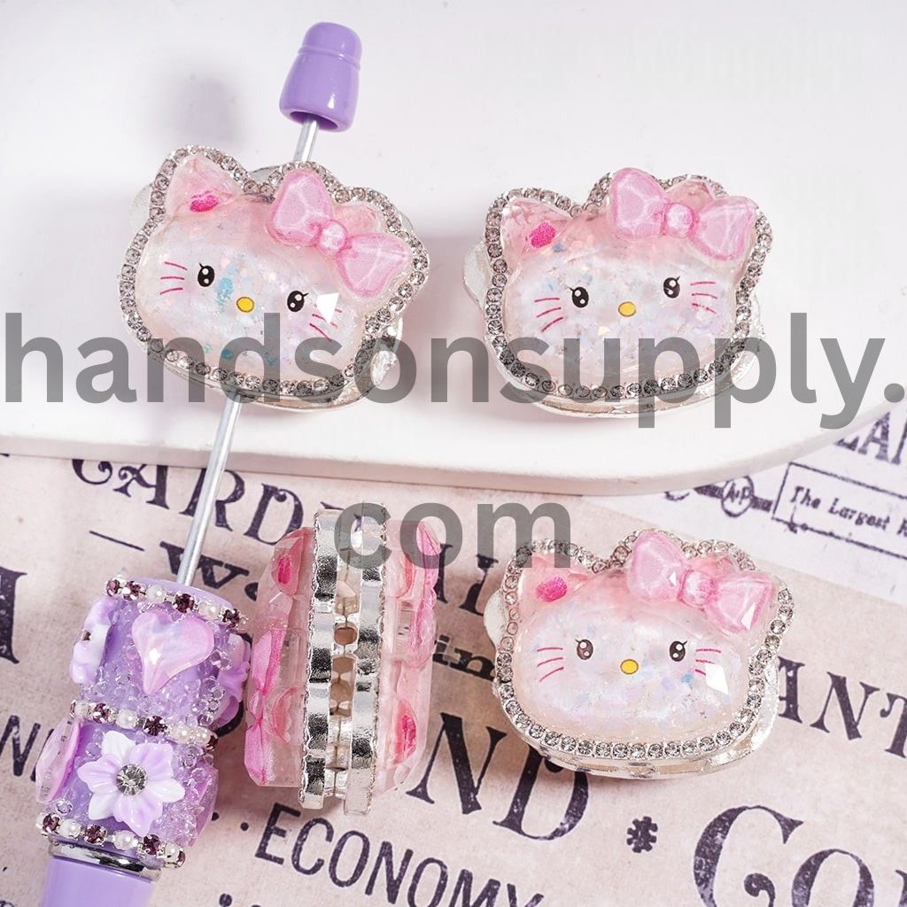 Silver Color Metal Beads with Pink Bowtie Glittery Cute Cat Character & Clear Rhinestones, 25*30MM
