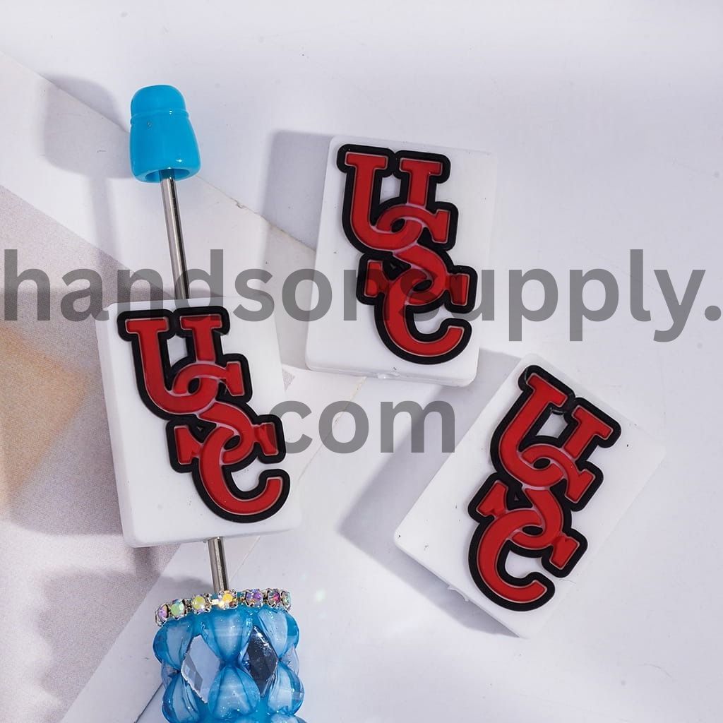 USC University Red & Black Print Flat Rectangle Shape Silicone Focal Beads