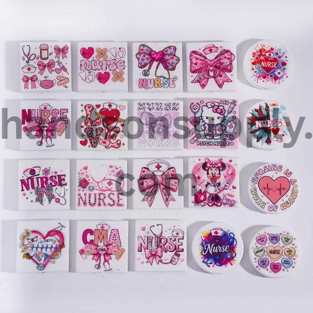 Nurse Series Print in in Various Designs Flat Round & Square Shapes Silicone Focal Beads Random Mix