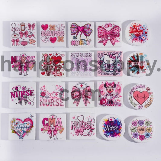 Nurse Series Print in in Various Designs Flat Round & Square Shapes Silicone Focal Beads Random Mix