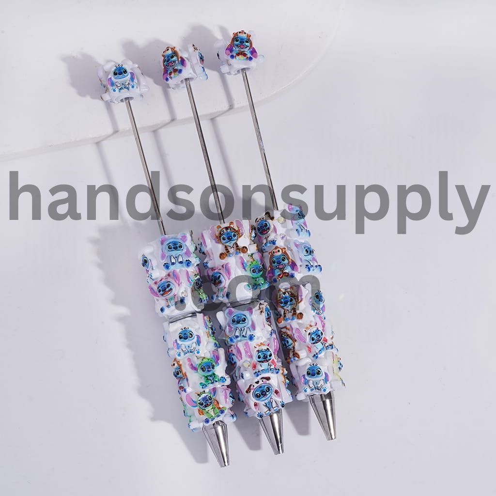 Cute Blue Monster Character in Sitting Position, AB Rhinestones and White Pearl Beadable Clay Pens