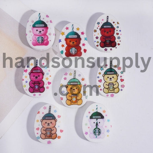 Oval Coffee Bear with Stars, Flowers & Hearts Silicone Focal Beads Random Mix