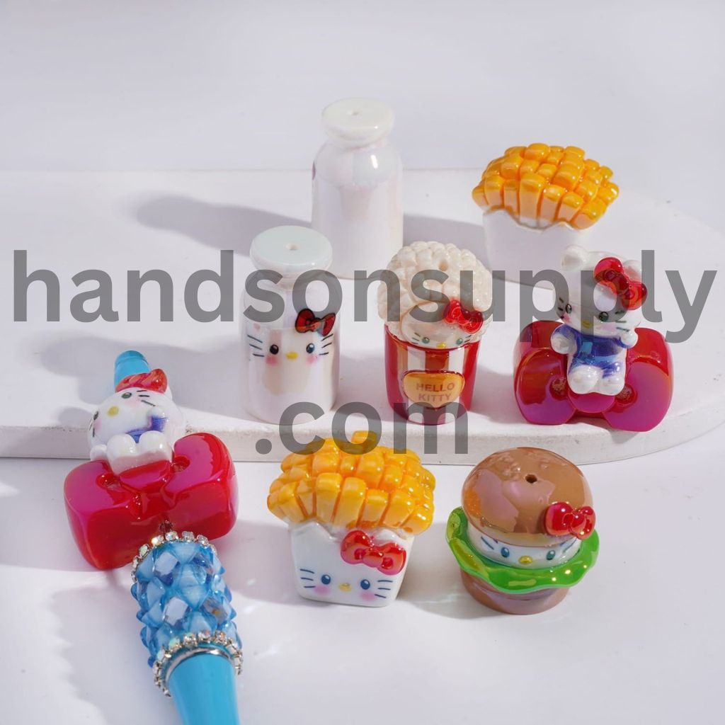UV Coated Fast Food & Cute Cat Character Acrylic Beads Random Mix