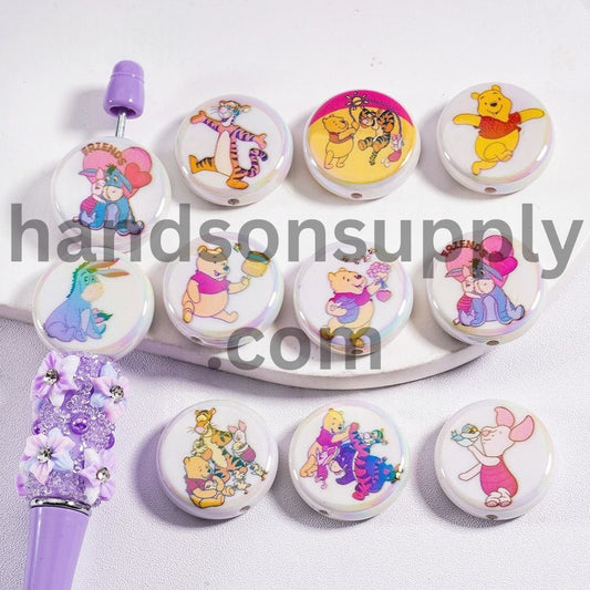 UV Coating Cute Cuddly the Honey Bear White Flat Round Acrylic Beads 23MM, Random Mix