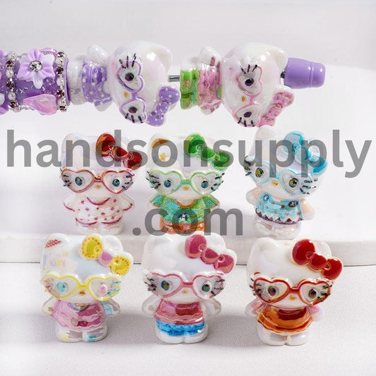 UV Coating Cute Cat Character with Heart-Shaped Glasses and Various Clothes, Acrylic Beads Height 27MM, Multi-Color, Random Mix