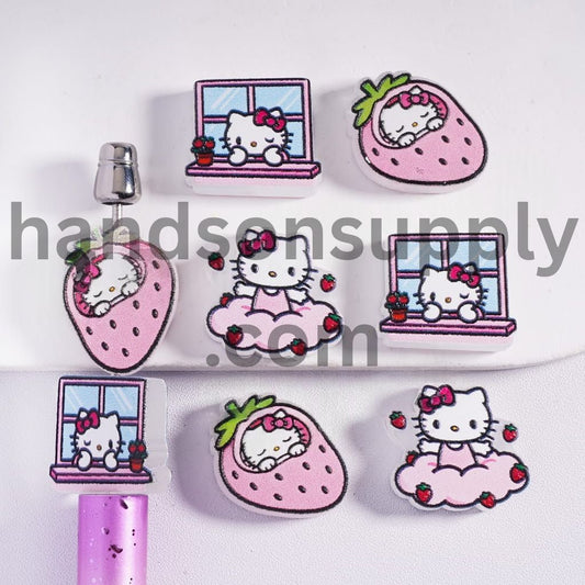 Strawberry and Cute Cat Character Prints, Pink Series, Acrylic Beads Random Mix