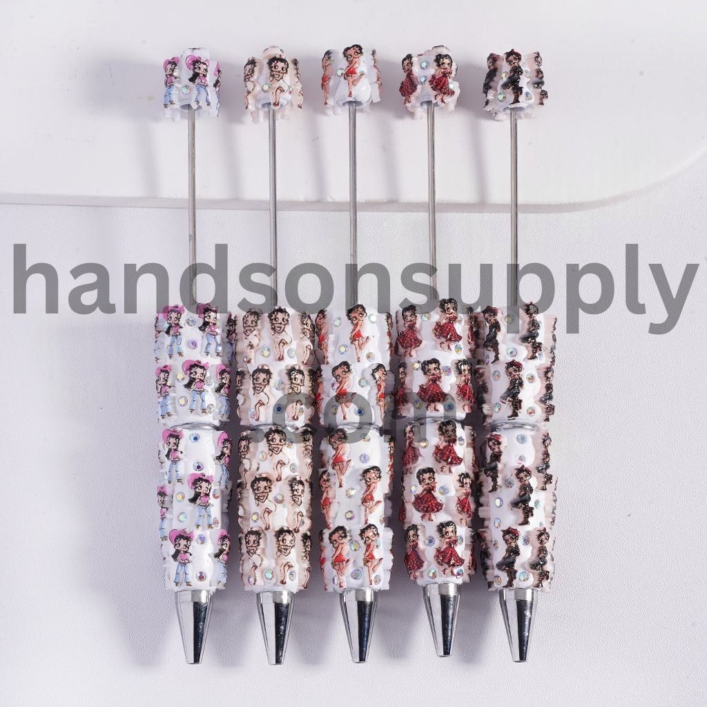 Beadable Clay Pens w Various Clothes Old Girl Character and AB Rhinestones Covered the Entire Pen, Random Mix