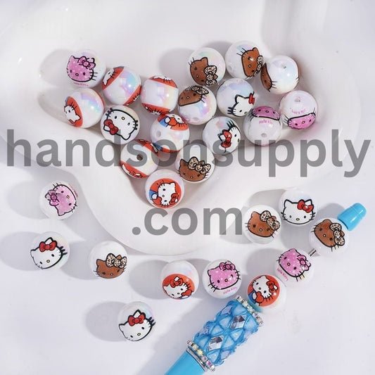 UV‑Coated White Background Cute Cat Character Round Acrylic Beads 16 mm Random Mix
