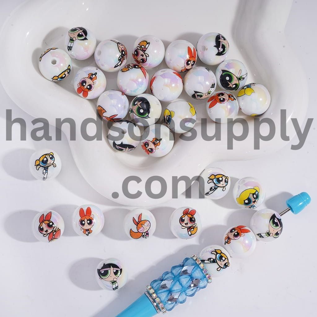 UV‑Coated Brave Girl Police Characters, White Background Round Acrylic Beads 16MM Random Mix