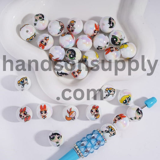 UV‑Coated Brave Girl Police Characters, White Background Round Acrylic Beads 16MM Random Mix
