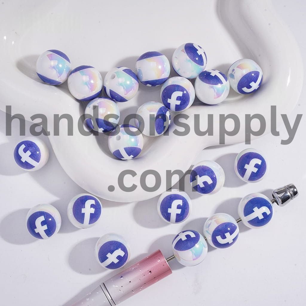 UV Coated Blue & White Social Media Pattern Round Acrylic Bracelet Beads 16 MM