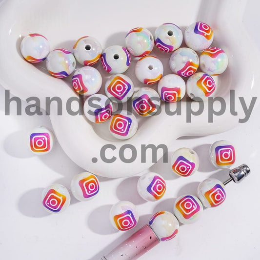 UV Coated Pink, Orange & Purple Social Platform Pattern Pound Acrylic Bracelet Beads 16 MM