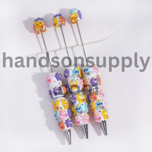 Small Monster Character Series, AB Rhinestones & White Pearls Beadable Clay Pens