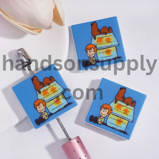 Beagle Dog and Boy Character Patterns, Flat Square Shape Silicone Focal Beads