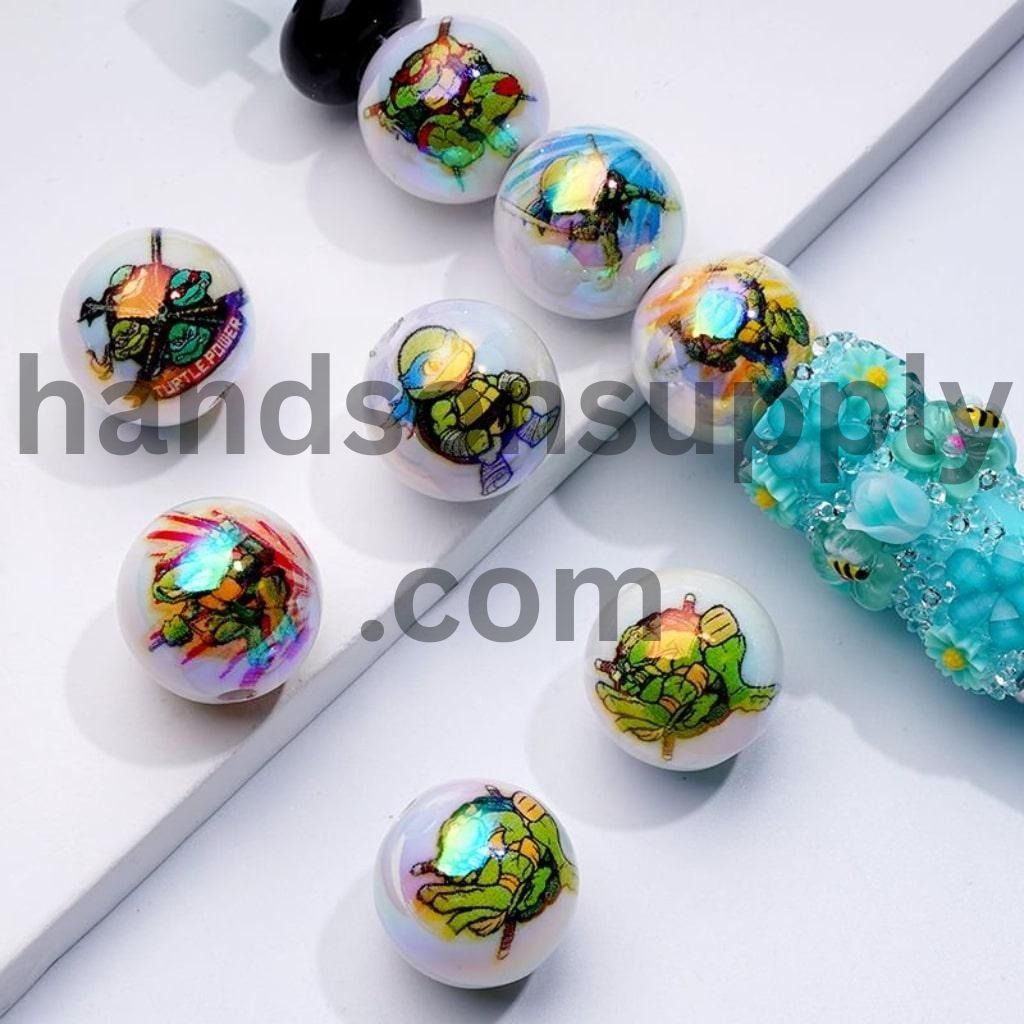 UV Coating Teenage Mutant Ninja Turtle White Print Round Acrylic Beads 16MM, Random Mix