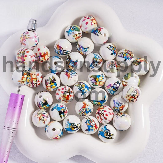 Cute Puppy Blue Dog Print Round Acrylic Beads 16 mm Random Mix