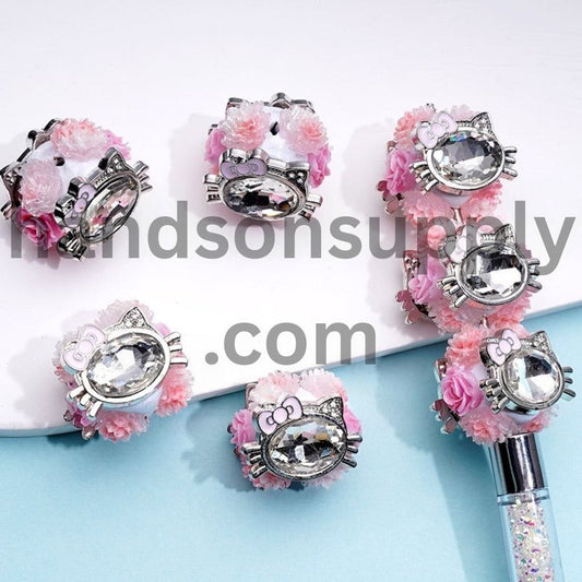 Cute Cat Character Silver Alloy Fancy Head with Large Clear Oval Rhinestone Shiny Glitter Flowers Clay Beads, Around 22*22MM