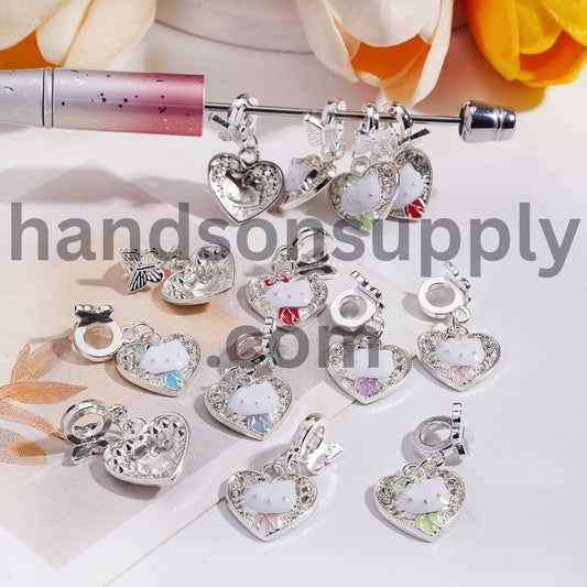 Cute Cat Character & Clear Rhinestones with Butterfly Charm Pendant Heart Silver Alloy Bail Beads Random Mix