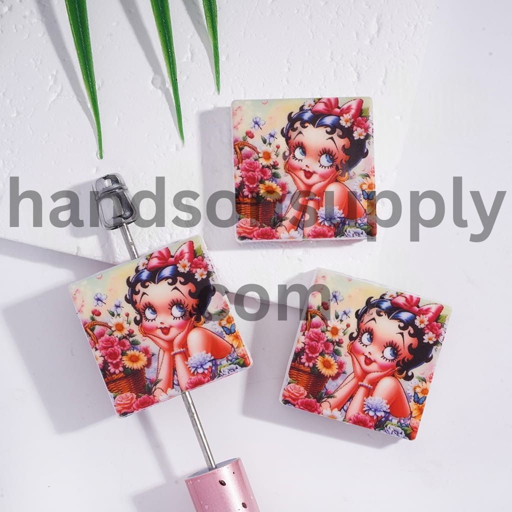 Old Girl Character Chin in Hand Under Flowers, Flat Square Shape Silicone Focal Beads