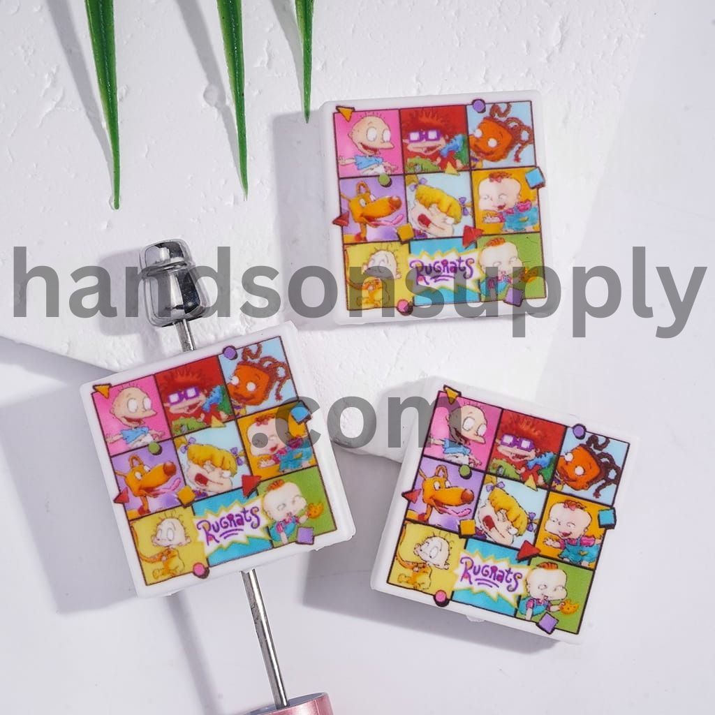 Naughty Kids in Nine-Square Grid, Flat Square Shape Silicone Focal Beads