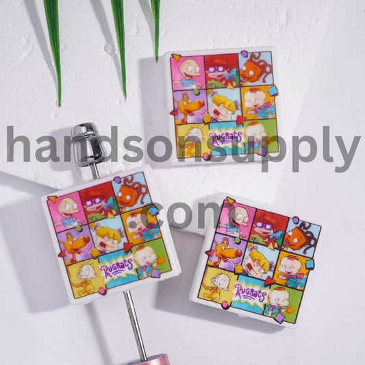 Naughty Kids in Nine-Square Grid, Flat Square Shape Silicone Focal Beads