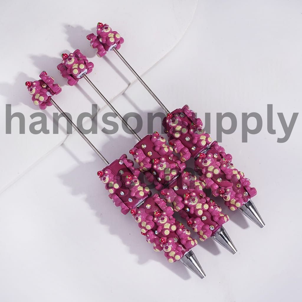 Pink Bears and Strawberry, AB Rhinestones and White Pearl Beadable Clay Pens