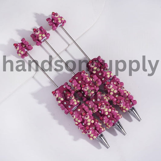 Pink Bears and Strawberry, AB Rhinestones and White Pearl Beadable Clay Pens