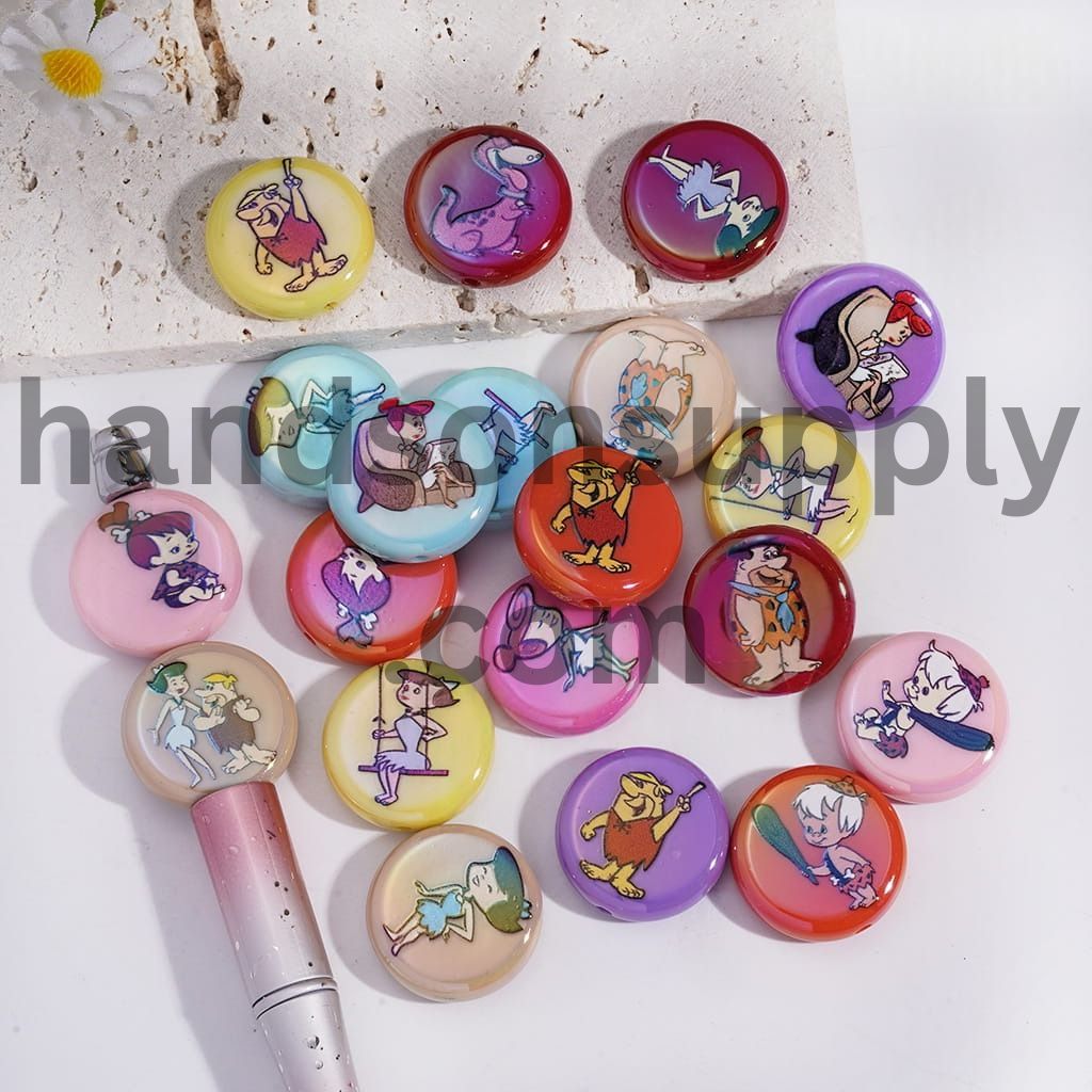 UV Coated Stone Age Family & Neighbors Funny Design 23MM Flat Round Acrylic Beads Random Mix