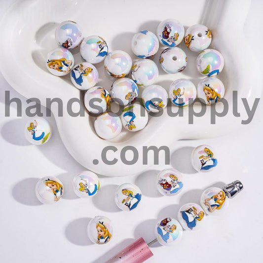 Girl Into Rabbit Hole Fantasy World Print Round Acrylic Beads 16mm Random Mix