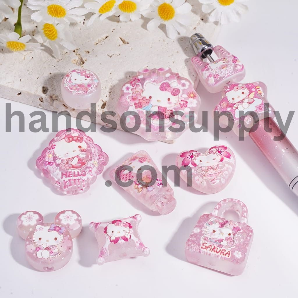 Cute Cat Pink Sakura Series Character in Various Shapes Acrylic Beads