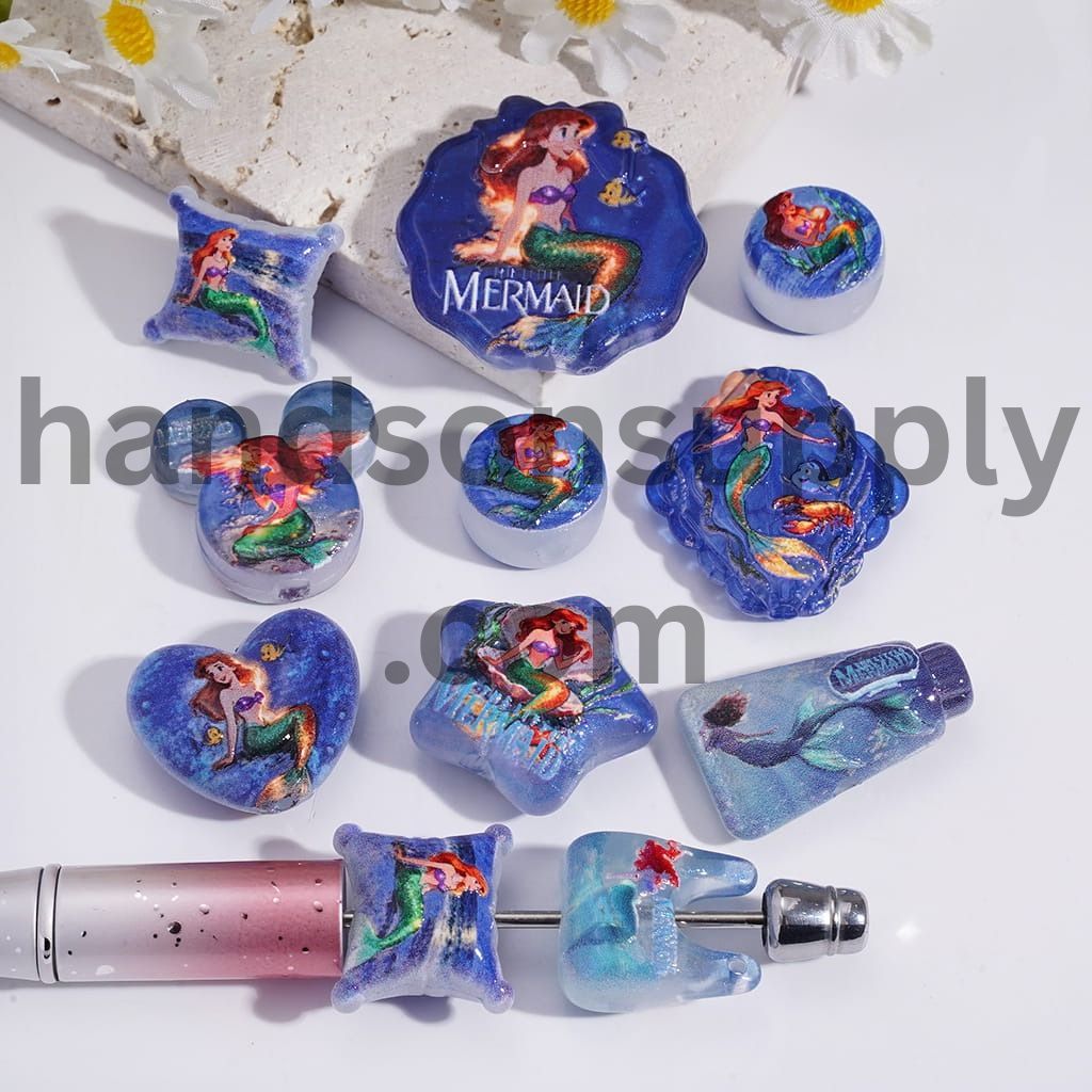 Mermaid Girl Blue Series Printed Character in Various Shapes Pendant Acrylic Beads Random Mix