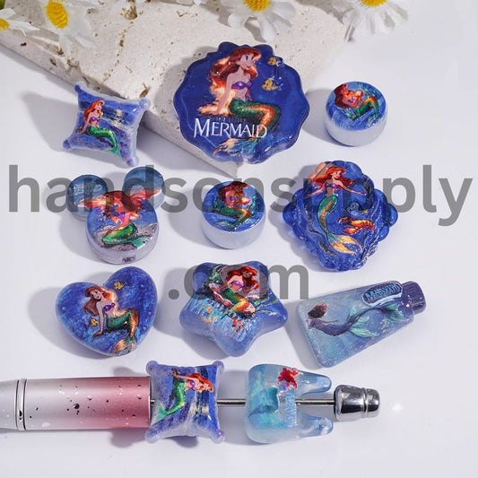 Mermaid Girl Blue Series Printed Character in Various Shapes Pendant Acrylic Beads Random Mix