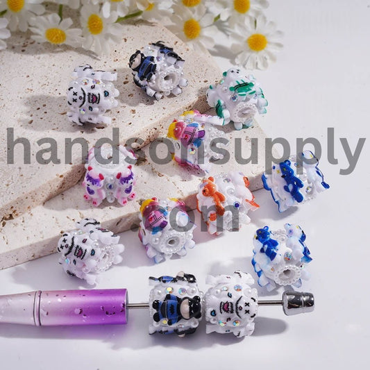 Cute Bear Character, AB Rhinestones and White Pearl Chain Details Round Clay Beads 18MM Random Mix